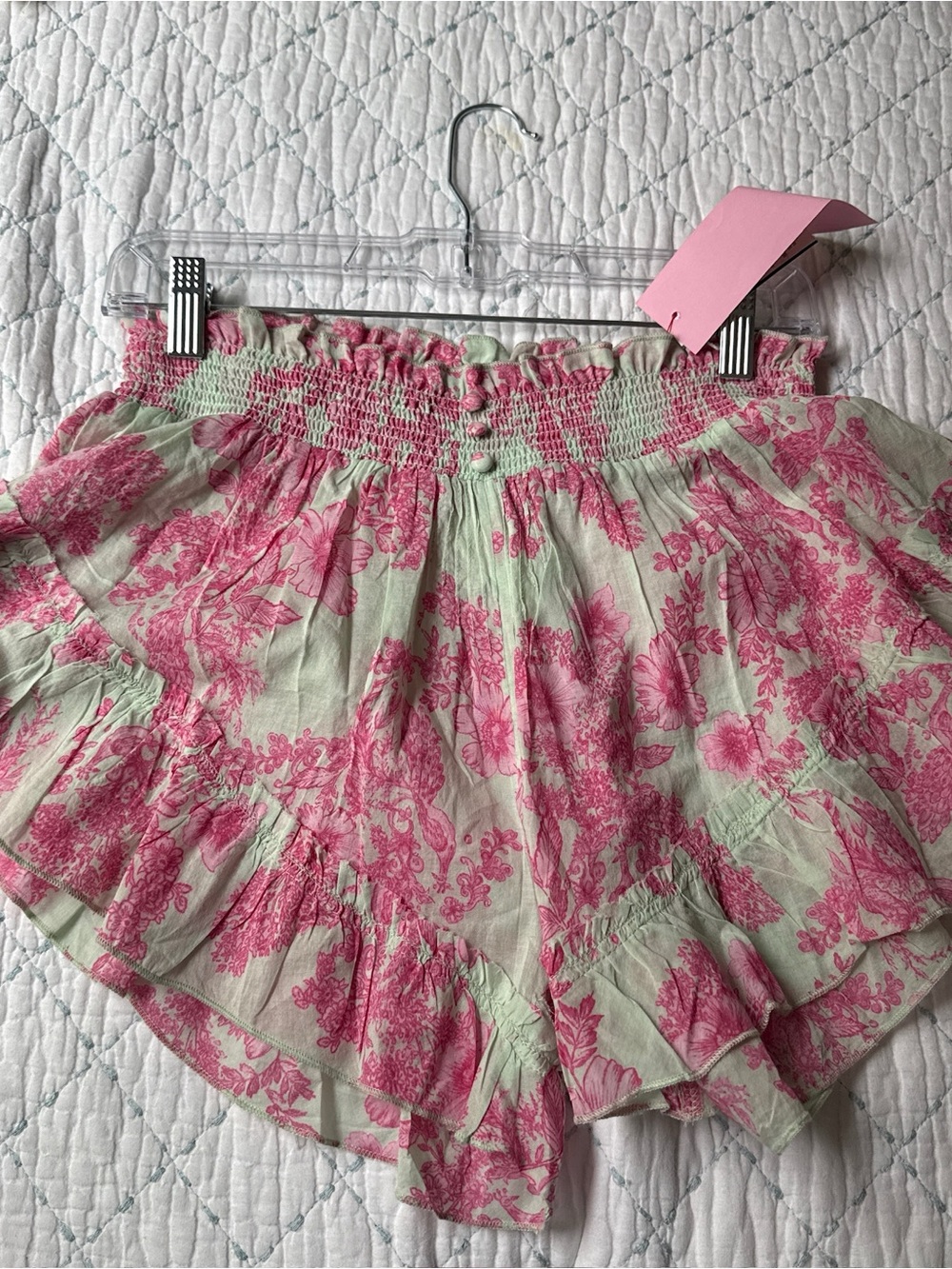 Free People Pink Floral on Mint Smocked Ruffle Shorts